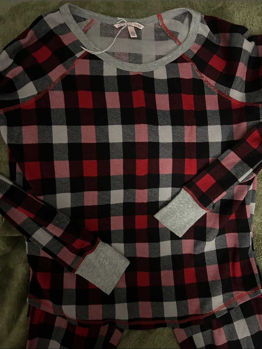 Victoria's Secret Red Black Gray Plaid Crewneck Thermal